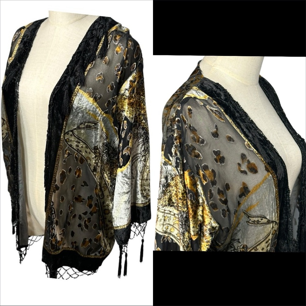 Jayley‎ Silk Blend Velvet Fringe Kimono Boho Festival Celestial Whimsigoth S-L - Picture 3 of 15